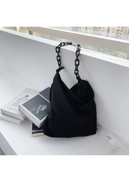 Siyah Stil Yazın 38X34X5CM 2021 Kadın Kadife Omuz Çantaları Retro Leopar Desen Çanta Kalın Zincir Tote Çanta Kadın Büyük Kapasiteli Kova Çanta (Yurt Dışından)