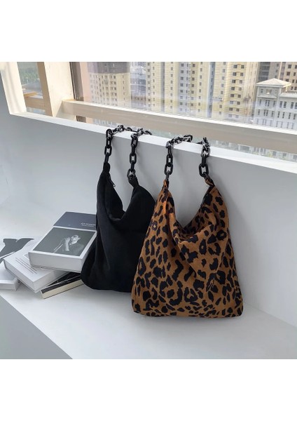 Siyah Stil Yazın 38X34X5CM 2021 Kadın Kadife Omuz Çantaları Retro Leopar Desen Çanta Kalın Zincir Tote Çanta Kadın Büyük Kapasiteli Kova Çanta (Yurt Dışından) fiyatları