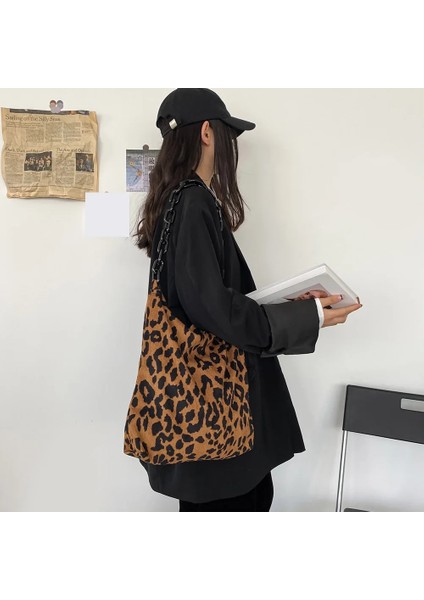 Siyah Stil Yazın 38X34X5CM 2021 Kadın Kadife Omuz Çantaları Retro Leopar Desen Çanta Kalın Zincir Tote Çanta Kadın Büyük Kapasiteli Kova Çanta (Yurt Dışından) modelleri