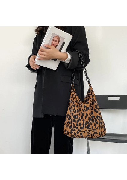 Siyah Stil Yazın 38X34X5CM 2021 Kadın Kadife Omuz Çantaları Retro Leopar Desen Çanta Kalın Zincir Tote Çanta Kadın Büyük Kapasiteli Kova Çanta (Yurt Dışından) indirimleri