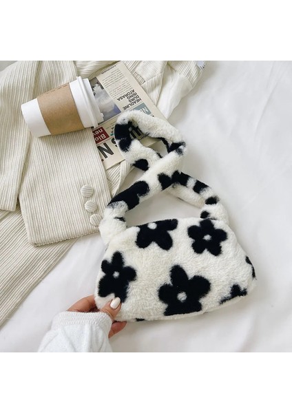 Beyaz Stil 25X14X3CM Ins Kadınlar Çiçek Baskı Kalıpçı Çanta Yeni Kış Sıcak Yumuşak Peluş Koltukaltı Çanta Leopar Zebra Inek Baskı Kabarık Bez Çantalar (Yurt Dışından)