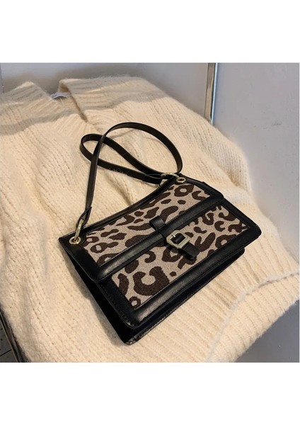 7606 Siyah Stil Bs Acelure Büyük Kapasiteli Koltukaltı Kadın Yeni Tüm Maç Leopar Omuz Crossbody Çanta Moda Tüm Maç Kadın Tote Kova Çanta (Yurt Dışından)