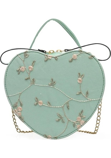 Yeşil-Kalp Tarzı Sıcak Satış Tatlı Dantel Yuvarlak Çanta Womemall Taze Çiçek Zincir Omuz Için Yüksek Li Pu Deri Kadın Crossbody Çanta (Yurt Dışından)