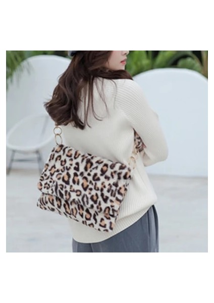 Bej Leopar C Stili Kürk Çanta Hayvan Baskı Leopar Çanta Kadın Bayanlar Kış Sıcak Crossbody Çanta Ünlü Büyük Kapasiteli Shoudler Clutew (Yurt Dışından)