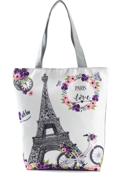 HL3606 Stili Çiçek Eyfel Kulesi Baskı Bez Çanta Paris Manzara Omuz Çantası Moda Güzel Çantalar Yüksek Kapasiteli Alışveriş Çantası Eko Plaj Çantası (Yurt Dışından)