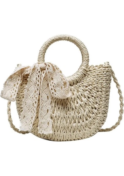 Bej Şerit Stili Yogodlns El Yapımı Yarım Yuvarlak Rattan Dokuma Hasır Çanta Yaz Kadın Messenger Crossbody Çanta Kızlar Küçük Plaj Çanta Yeni (Yurt Dışından)