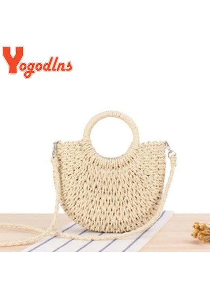 Bej Şerit Stili Yogodlns El Yapımı Yarım Yuvarlak Rattan Dokuma Hasır Çanta Yaz Kadın Messenger Crossbody Çanta Kızlar Küçük Plaj Çanta Yeni (Yurt Dışından) modelleri
