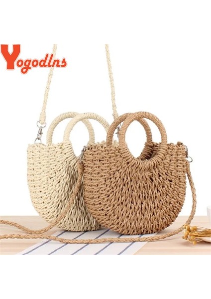 Bej Şerit Stili Yogodlns El Yapımı Yarım Yuvarlak Rattan Dokuma Hasır Çanta Yaz Kadın Messenger Crossbody Çanta Kızlar Küçük Plaj Çanta Yeni (Yurt Dışından) fırsatları