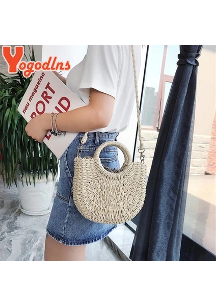 Bej Şerit Stili Yogodlns El Yapımı Yarım Yuvarlak Rattan Dokuma Hasır Çanta Yaz Kadın Messenger Crossbody Çanta Kızlar Küçük Plaj Çanta Yeni (Yurt Dışından) indirimleri