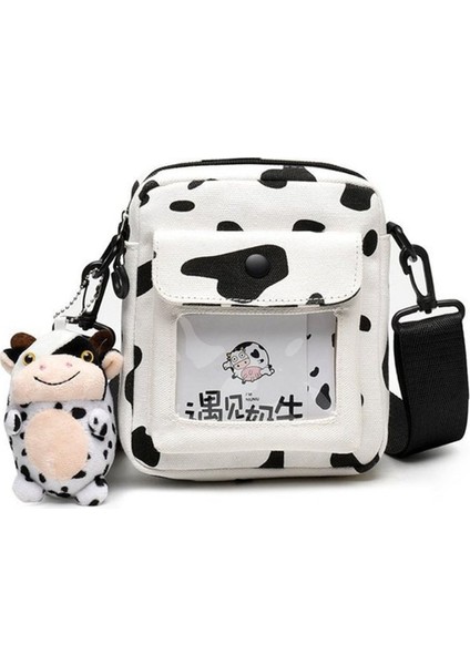 Siyah Beyaz Tarzı Harajuku Inek Desen Kanvas Çanta Kadın Omuz Messenger Transprant Sevimli Kolye ile Crossbody Çanta (Yurt Dışından)
