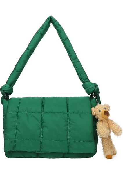 Yeşil Stil 42X10X24 Crossbody Çanta Kadınlar Kış Uzay Ped Pamuk Omuz Çantası Sevimli Ayı Kadın Shopper Tote Çanta Büyük Kapitone Kabarık Yastıklı Çantalar (Yurt Dışından)