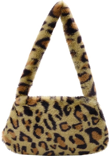 Sarı Leopar Tarzı Fashion Women's Bag Trend Baguette Bag Plush Animal Print Shopper Purses Female Autumn Handbag Shoulder Underarm Bag (Yurt Dışından)