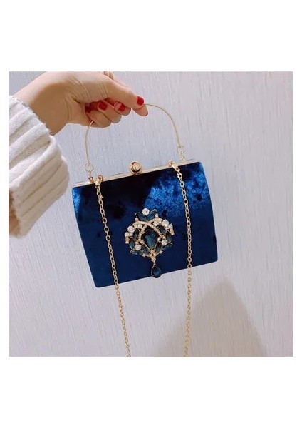 Mavi Stil Yeni Lüks Tasarım Kutulu Akşam Çanta Kadife Retro Kare Çanta Kadın Elmas Debriyaj Çanta Altın Düğün Çanta (Yurt Dışından)