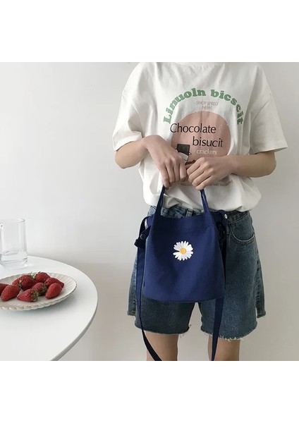 Derin Mavi Tarzı Kadın Küçük Kanvas Omuz Çantası Papatya Küçük Pamuk Çanta Tote Bayanlar Rahat Vintage Çanta Kumaş Kova Kılıfı Kızlar Için (Yurt Dışından)