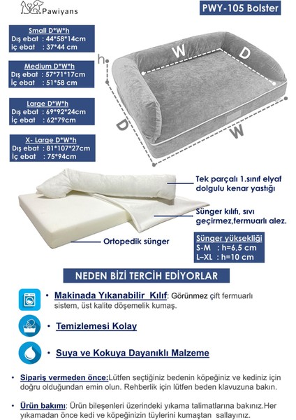 Bolster Üst Kalite Köpek Yatağı 6,5-10CM Süngerli Sıvı Geçirmez Alezli. %100 Elyaflı. 2 Fermuarlı