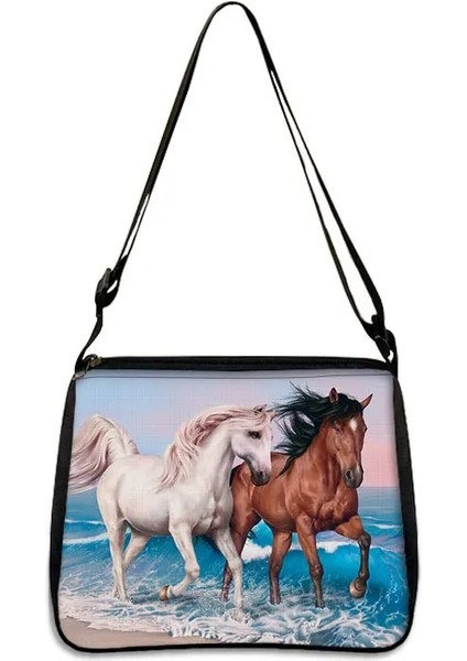 YXBMAC29CW Stili 20CMX24CM Hayvan At Baskı Omuz Çantası Kadın Eğlence Çanta Taşınabilir Kanvas Messenger Çanta Bayanlar Küçük Retro Debriyaj Kadın Çapraz Çanta (Yurt Dışından)