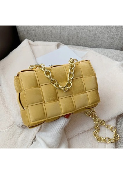 Sarı Stil 25X7X17CM Moda Zinciri Örgülü Buzlu Taşınabilir Kare Çanta Pu Moda Lüks Tasarımcı Omuz Messenger Çanta Doku Kadın Çantası (Yurt Dışından)