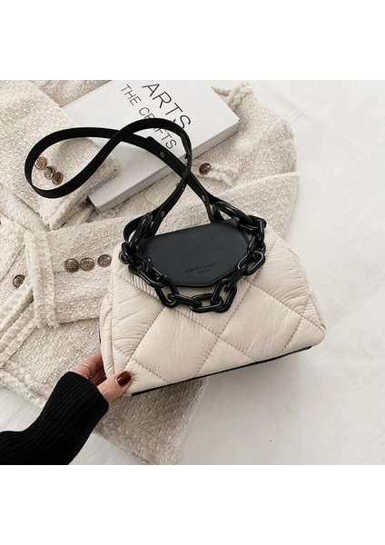 Bej Tarzı 24CMX18CMX11CM Kawaii Tote Bag Hit Winter Pu Leather Padded Quilted Women's Designer Handbag Luxury Chain Shoulder Crossbody Bags (Yurt Dışından)