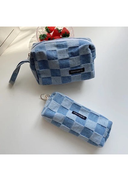 Küçük Mavi Ekose Stili Japon Tarzı Ekose Kozmetik Çantası Kadın Kanvas Çanta Çanta Organizatör Kalem Çantaları Ruj Çanta Makyaj Çantası Kadın Leopar Çanta (Yurt Dışından) indirimleri