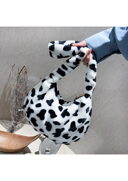 No.1 Tarzı Peluş Tote Çanta Wome Moda Inek Baskı Omuz Çantası Leopar Baskı Yumuşak Peluş Çanta Kadın Kış Messenger Çanta (Yurt Dışından) fırsatları