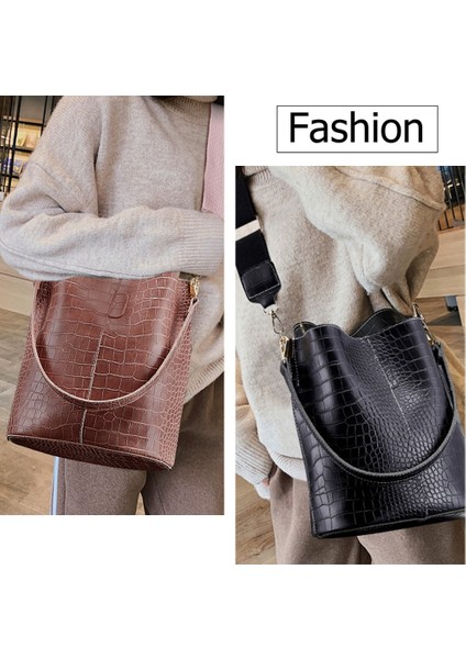 Qiuming Shop Açık Kahverengi Tarzı Deri Crossbody Çanta Kadın Büyük Kapasiteli Patchwork Moda Kova Çanta Timsah Desen Omuz Messenger Çanta (Yurt Dışından)