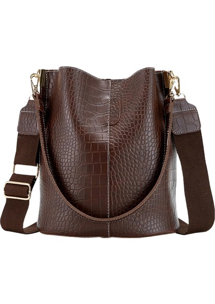 Qiuming Shop Açık Kahverengi Tarzı Deri Crossbody Çanta Kadın Büyük Kapasiteli Patchwork Moda Kova Çanta Timsah Desen Omuz Messenger Çanta (Yurt Dışından)