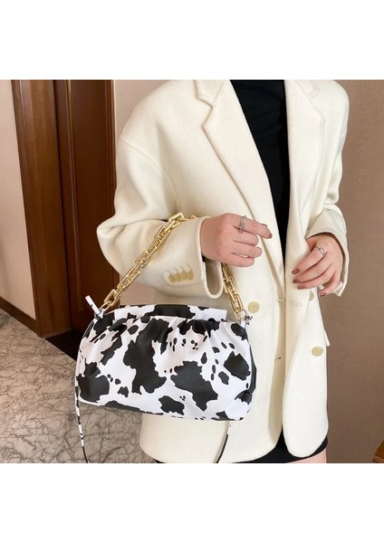 Inek Tarzı 27.5X7X15CM Fashi On Zebra Desen Omuz Çantası Kadın Pu Deri Pileli Çanta Lüks Zincirler Crossbody Çanta Inek Desen Messenger Çanta Bolso (Yurt Dışından)