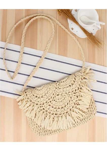 Bej Tarzı Kadınlar Için Yaz Hasır Çanta El Yapımı Püskül Plaj Çantası Rafya Rattan Dokuma Çanta Tatil Omuz Crossbody Çanta Debriyaj (Yurt Dışından)