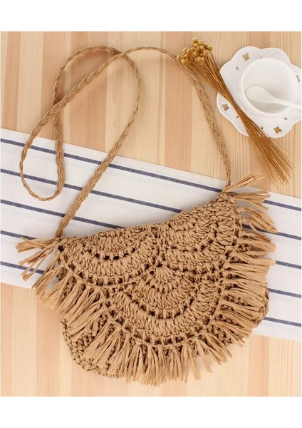 Bej Tarzı Kadınlar Için Yaz Hasır Çanta El Yapımı Püskül Plaj Çantası Rafya Rattan Dokuma Çanta Tatil Omuz Crossbody Çanta Debriyaj (Yurt Dışından) fiyatları