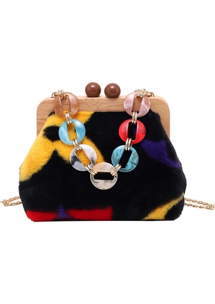 No.1 Tarzı 24CM x 11CM x 20CM Kadın Retro Bulanık Çok Renkli Ahşap Flaps Akrilik Boncuk Peluş Tasarım Çanta Lady Mektup Graffiti Için Yumuşak Kürk Crossbody Çanta Güz (Yurt Dışından)