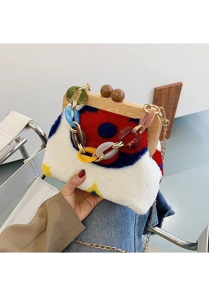 No.1 Tarzı 24CM x 11CM x 20CM Kadın Retro Bulanık Çok Renkli Ahşap Flaps Akrilik Boncuk Peluş Tasarım Çanta Lady Mektup Graffiti Için Yumuşak Kürk Crossbody Çanta Güz (Yurt Dışından)