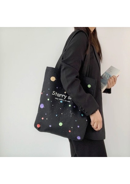 Fei Die B Tarzı Kadın Omuz Çantası Anvas Tote Çanta Kız Moda Fermuar ile Basit Büyük Kapasiteli Alışveriş Çantası Geniş Yıldızlı Gökyüzü Baskı Çanta (Yurt Dışından) fırsatları