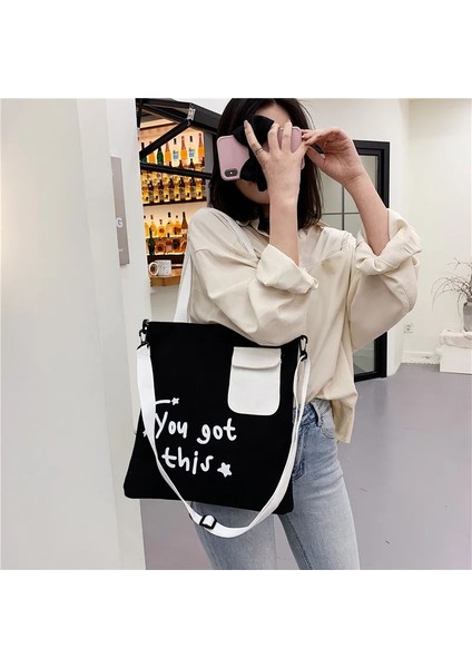 Siyah Stil 35X32X3CM Büyük Kapasiteli Tuval Kadın Çanta Mektup Baskı Hit Renk Omuz Çantası Wome Için Edebi Basit Taşınabilir Crossbody Çanta (Yurt Dışından)