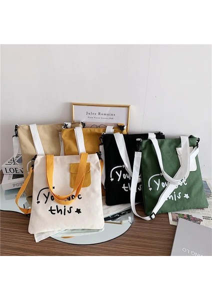 Siyah Stil 35X32X3CM Büyük Kapasiteli Tuval Kadın Çanta Mektup Baskı Hit Renk Omuz Çantası Wome Için Edebi Basit Taşınabilir Crossbody Çanta (Yurt Dışından)