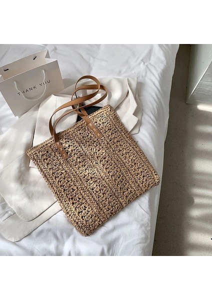 Haki Stili 38X2X40CM Kadın Çanta Hasır Boş Plaj Omuz Kadın Çantaları Moda Yaz Tatili Alışveriş Çantası Kadınlar Için El Dokuma Bez Çantalar (Yurt Dışından)
