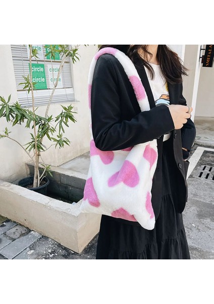 Leopar Baskı B Stili Kadın Peluş Çiçek Desen Omuz Çantaları Kadın Inek Baskı Kova Çanta Aşk Kalp Baskı Faux Kürk Çanta Kürklü Kabarık Bez Çantalar (Yurt Dışından) fiyatları