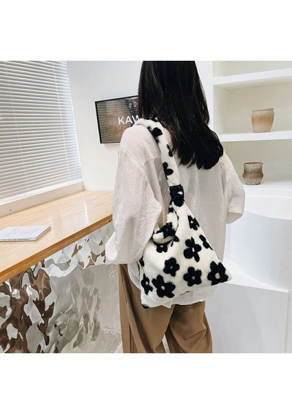 Leopar Baskı B Stili Kadın Peluş Çiçek Desen Omuz Çantaları Kadın Inek Baskı Kova Çanta Aşk Kalp Baskı Faux Kürk Çanta Kürklü Kabarık Bez Çantalar (Yurt Dışından) indirimleri