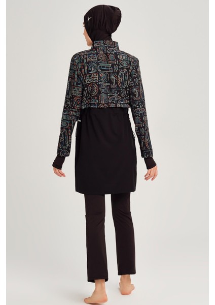 Tatil Tema Desenli Siyah Yeşil Jileli 5 Parça Tesettür Mayo Takımı modelleri