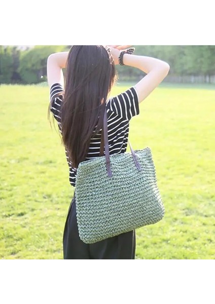 Yeşil Stil 40X16X35CM Kadın Çanta Yaz Plaj Çantası Rattan Dokuma El Yapımı Örme Hasır Büyük Kapasiteli Kılıf Deri Kadın Omuz Çantası Bohemia Yeni (Yurt Dışından)