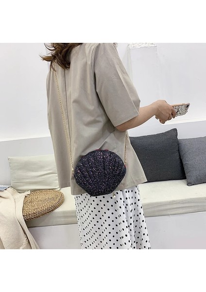 Siyah Stil Moda Zincir Payetli Omuz Çantası Kadınlar Için Pu Deri Çanta Sevimli Kabuk Şekli Çanta Messenger Çanta Bolsa Feminina (Yurt Dışından) indirimleri