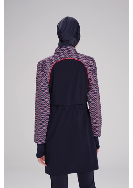 Esila Lacivert Kırmızı Kolu Desenli Jileli Tam Tesettür Mayo Üstü fiyatları