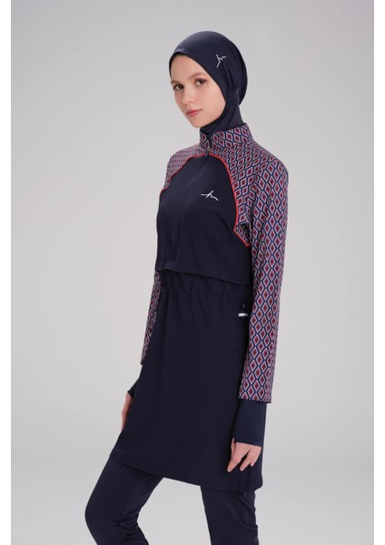 Esila Lacivert Kırmızı Kolu Desenli Jileli Tam Tesettür Mayo Üstü modelleri