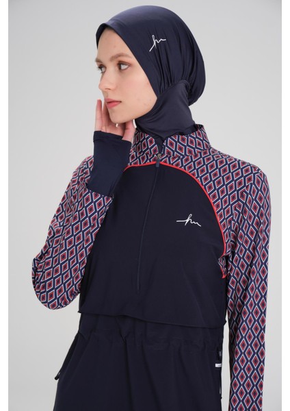 Esila Lacivert Kırmızı Kolu Desenli Jileli Tam Tesettür Mayo Üstü fırsatları