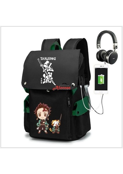 Koyu Haki Stili 20 Inç Demon Slayer Hırsızlığa Karşı Sırt Çantası Dayanıklı Oxford Laptop Çantası Erkek Kız Okul Çantaları (Yurt Dışından)