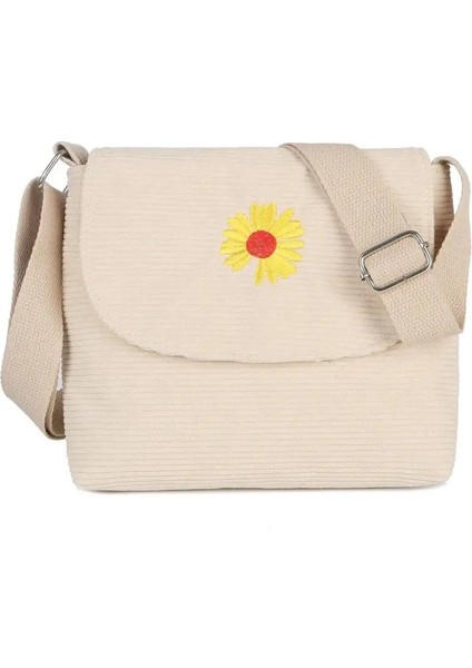 Bej Peluş Tarzı Yok Kadın Şerit Kadife Crossbody Çanta Papatya Nakış Tuval Fermuar Omuz ve Messenger Çanta Telefon Sikke Para Çanta Kızlar Için (Yurt Dışından)