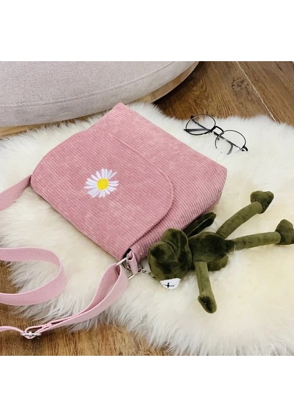 Bej Peluş Tarzı Yok Kadın Şerit Kadife Crossbody Çanta Papatya Nakış Tuval Fermuar Omuz ve Messenger Çanta Telefon Sikke Para Çanta Kızlar Için (Yurt Dışından)