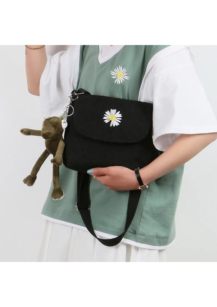 Bej Peluş Tarzı Yok Kadın Şerit Kadife Crossbody Çanta Papatya Nakış Tuval Fermuar Omuz ve Messenger Çanta Telefon Sikke Para Çanta Kızlar Için (Yurt Dışından)