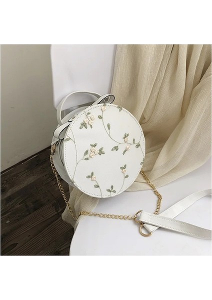 Beyaz-Yuvarlak Şekil Stili Sıcak Satış Tatlı Dantel Yuvarlak Çanta Womemall Taze Çiçek Zincir Omuz Için Yüksek Li Pu Deri Kadın Crossbody Çanta (Yurt Dışından)