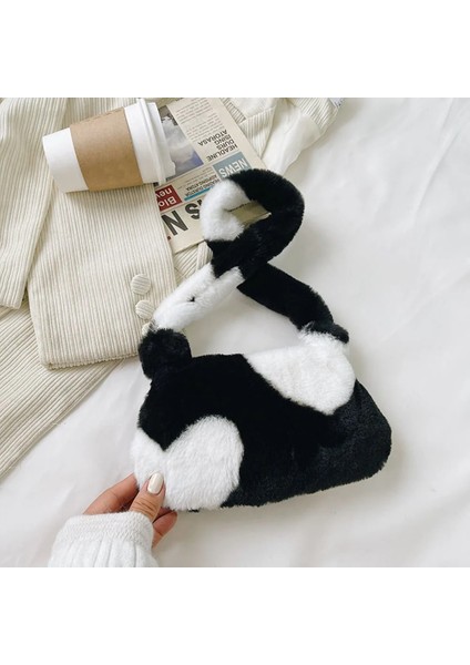 Siyah Stil 25X14X3CM Ins Kadınlar Çiçek Baskı Kalıpçı Çanta Yeni Kış Sıcak Yumuşak Peluş Koltukaltı Çanta Leopar Zebra Inek Baskı Kabarık Bez Çantalar (Yurt Dışından)