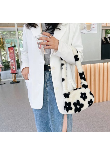 Siyah Stil 25X14X3CM Ins Kadınlar Çiçek Baskı Kalıpçı Çanta Yeni Kış Sıcak Yumuşak Peluş Koltukaltı Çanta Leopar Zebra Inek Baskı Kabarık Bez Çantalar (Yurt Dışından) fırsatları